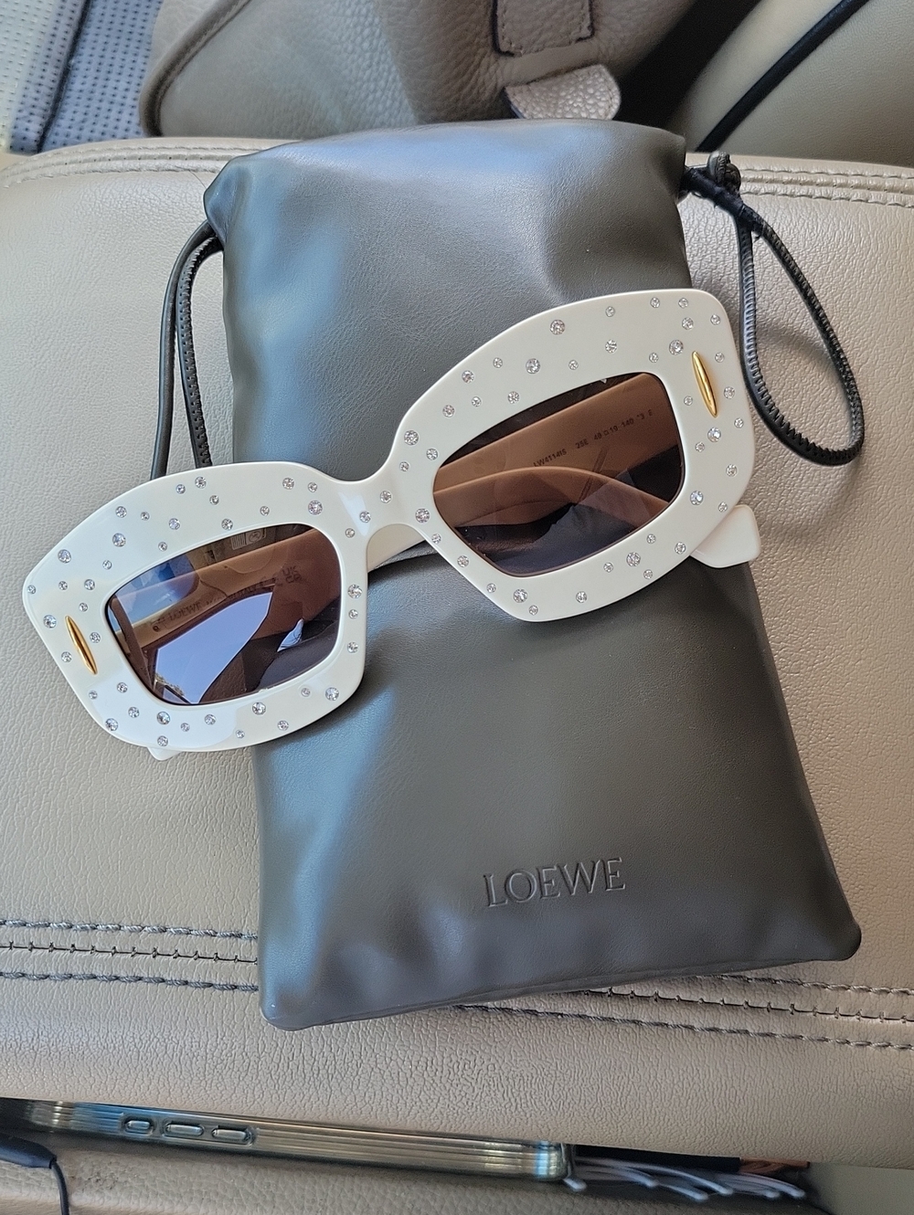 Loewe Anagram Sunglasses in ivory white acetate with crystal studs